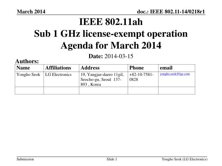 ieee 802 11ah sub 1 ghz license exempt operation agenda for march 2014