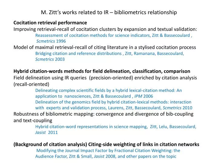 m zitt s works related to ir bibliometrics relationship