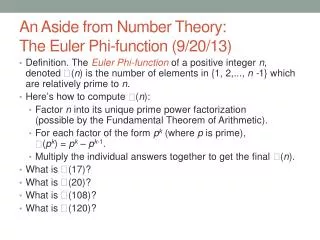 An Aside from Number Theory: The Euler Phi-function (9/20/13)