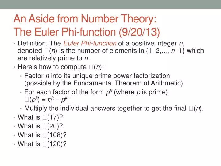 an aside from number theory the euler phi function 9 20 13