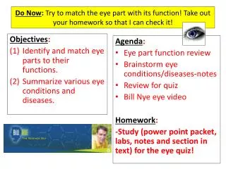 Objectives : Identify and match eye parts to their functions.
