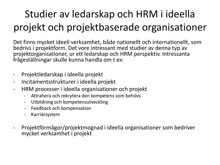 studier av ledarskap och hrm i ideella projekt och projektbaserade organisationer