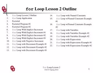 for Loop Lesson 2 Outline