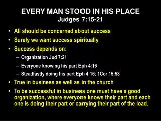 EVERY MAN STOOD IN HIS PLACE Judges 7:15-21