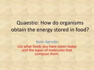 Quaestio : How do organisms obtain the energy stored in food?