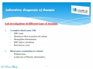 Laboratory diagnosis of Anemia