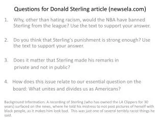 Questions for Donald Sterling article (newsela )