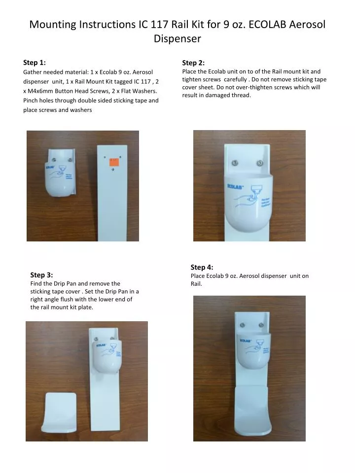 mounting instructions ic 117 rail kit for 9 oz ecolab aerosol dispenser