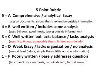 5 Point Rubric 5 = A Comprehensive / analytical Essay