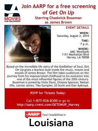 Join AARP for a free screening of Get On Up Starring Chadwick Boseman as James Brown