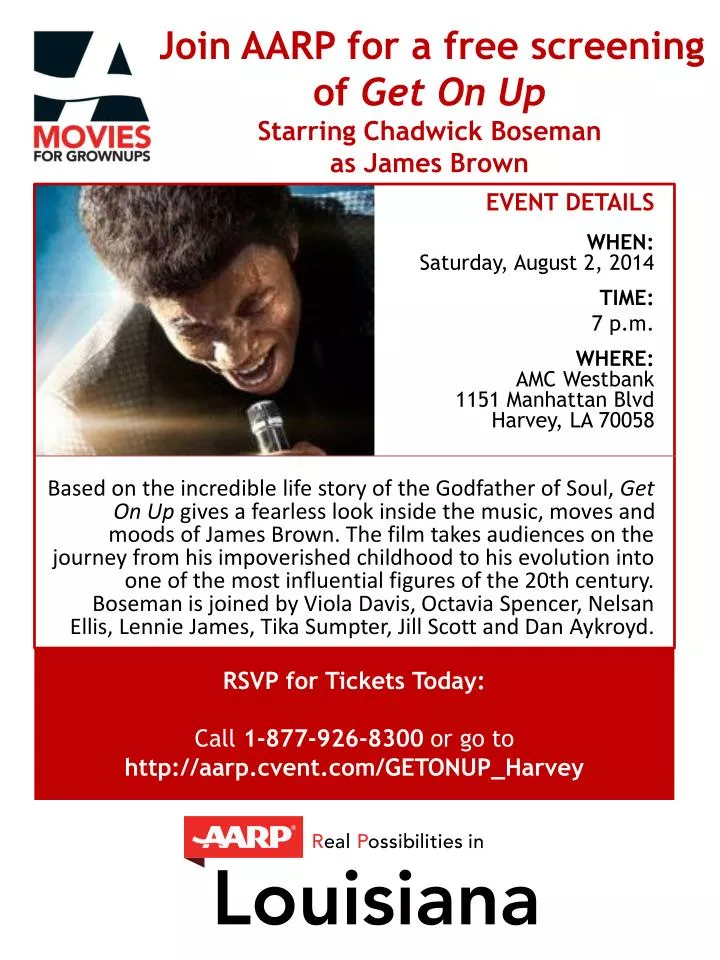 join aarp for a free screening of get on up starring chadwick boseman as james brown