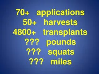 70+ applications 50+ harvests 4800+ transplants ??? pounds ??? squats ??? miles