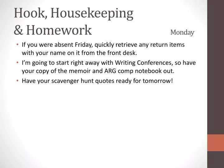 hook housekeeping homework monday