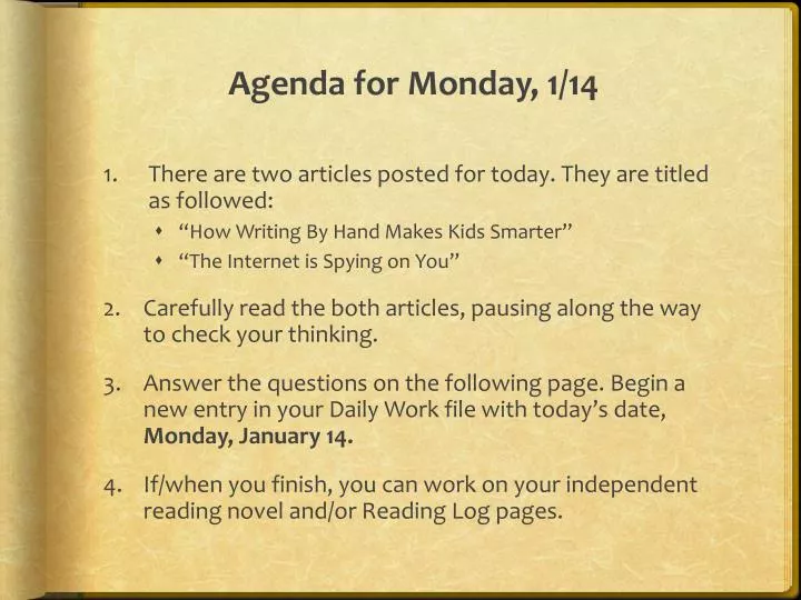 agenda for monday 1 14
