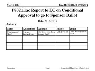 P802.11ac Report to EC on Conditional Approval to go to Sponsor Ballot