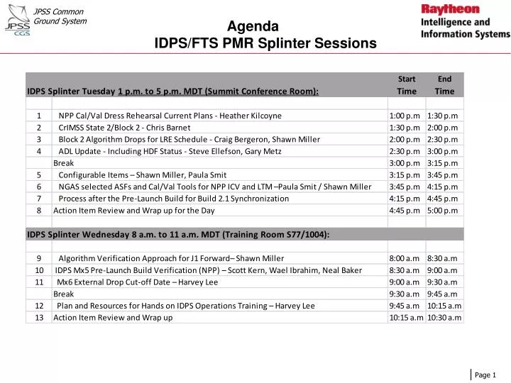 agenda idps fts pmr splinter sessions