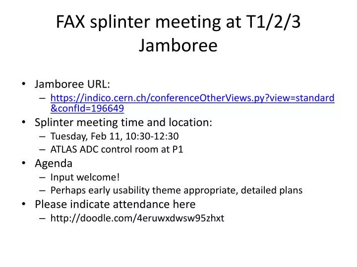 fax splinter meeting at t1 2 3 jamboree