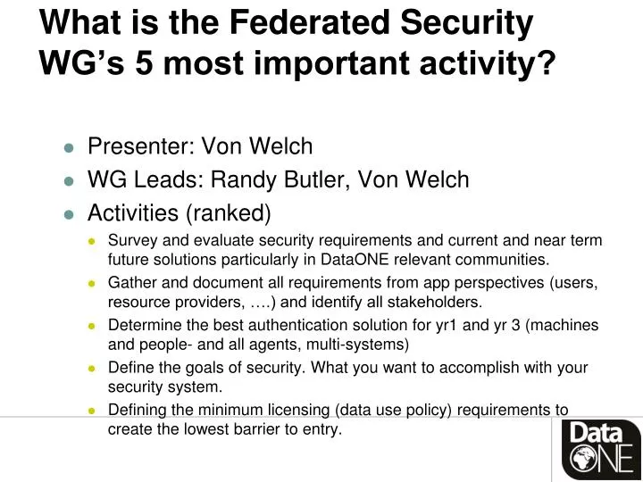 what is the federated security wg s 5 most important activity