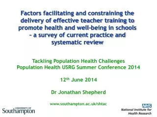 Tackling Population Health Challenges Population Health USRG Summer Conference 2014