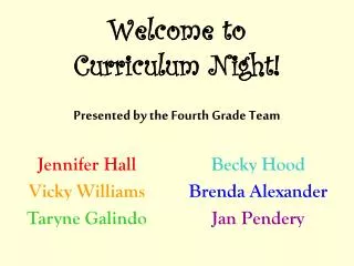 Welcome to Curriculum Night! Presented by the Fourth Grade Team