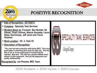 Date of Recognition: 03/14/2013 Company : Specialty Tank Services
