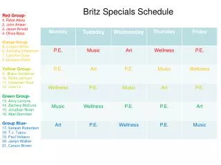 Britz Specials Schedule
