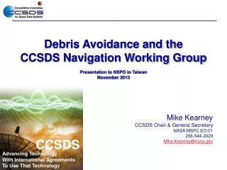 Debris Avoidance and the CCSDS Navigation Working Group Presentation to NSPO in Taiwan