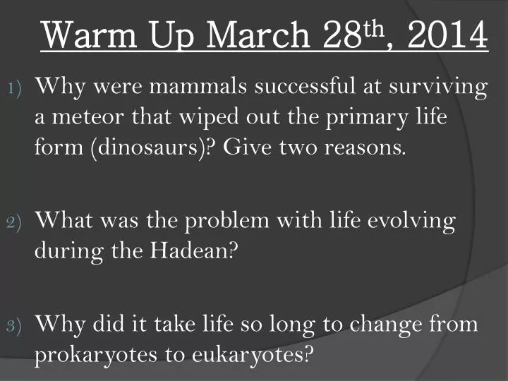warm up march 28 th 2014