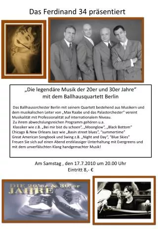 „Die legendäre Musik der 20er und 30er Jahre“ mit dem Ballhausquartett Berlin