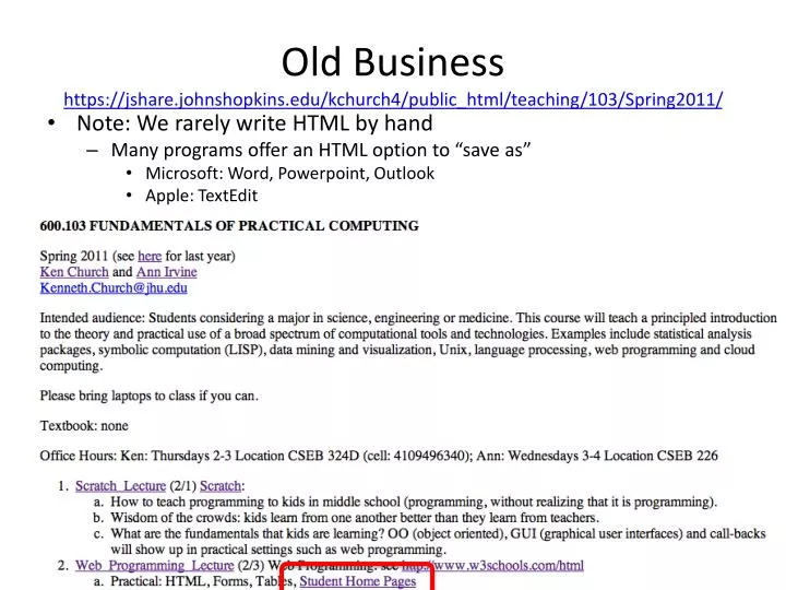 old business https jshare johnshopkins edu kchurch4 public html teaching 103 spring2011