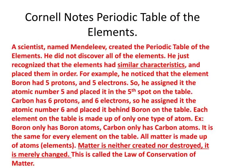cornell notes periodic table of the elements