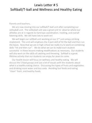 Lewis Letter # 5 Softball/T-ball and Wellness and Healthy Eating
