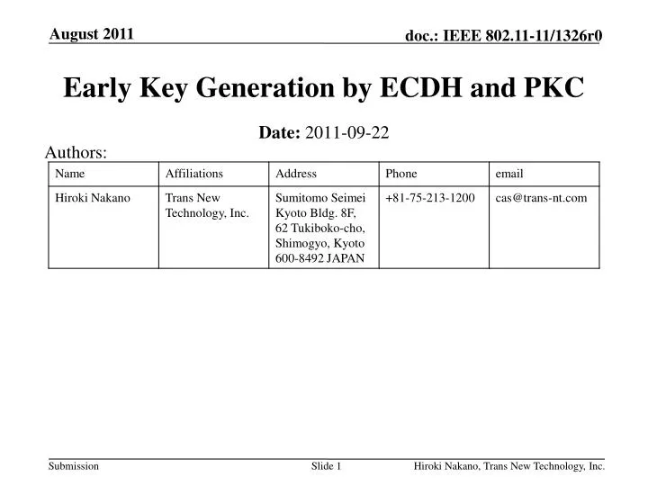 early key generation by ecdh and pkc
