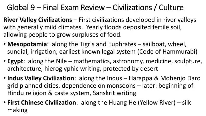 global 9 final exam review civilizations culture