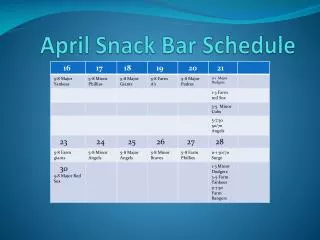 April Snack Bar Schedule