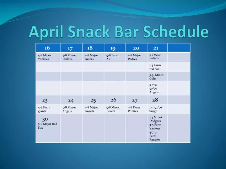 april snack bar schedule