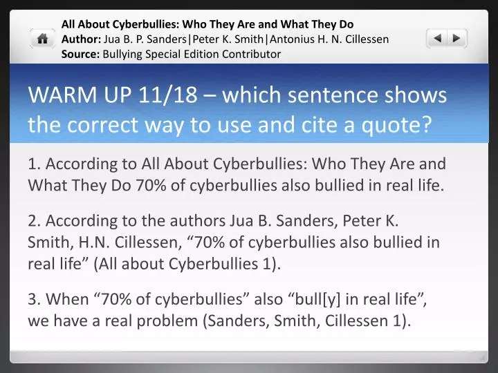 warm up 11 18 which sentence shows the correct way to use and cite a quote