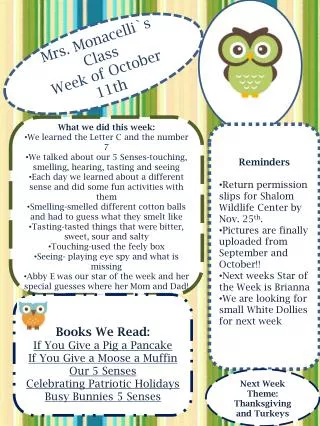 Mrs. Monacelli`s Class Week of October 11 th