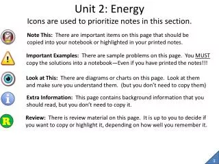 Unit 2: Energy Icons are used to prioritize notes in this section.