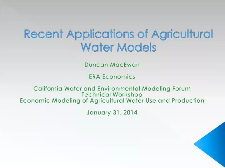 recent applications of agricultural water models