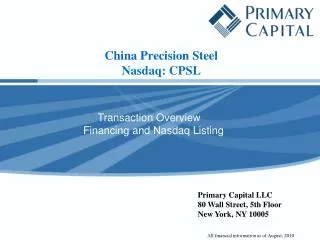 C hina Precision Steel Nasdaq: CPSL