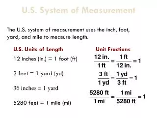 The U.S. system of measurement uses the inch, foot, yard, and mile to measure length.