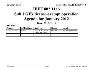 IEEE 802.11ah Sub 1 GHz license-exempt operation Agenda for January 2012