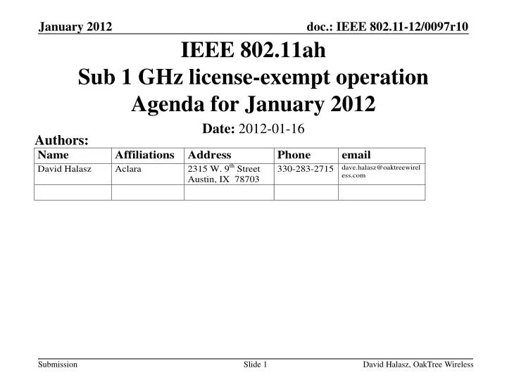 ieee 802 11ah sub 1 ghz license exempt operation agenda for january 2012