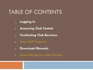 table of contents