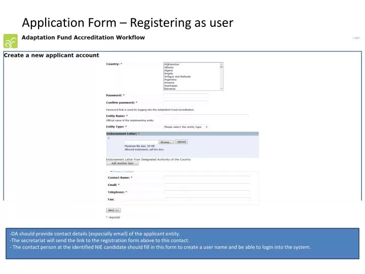 application form registering as user