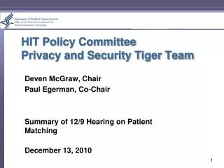 HIT Policy Committee Privacy and Security Tiger Team