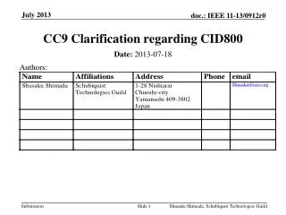 CC9 Clarification regarding CID800