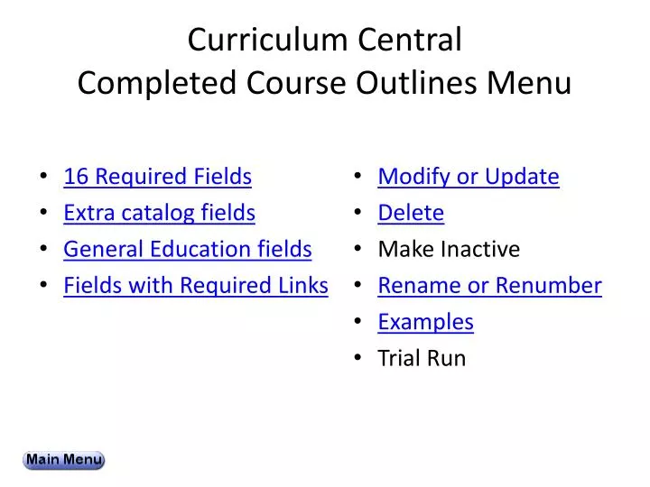 curriculum central completed course outlines menu