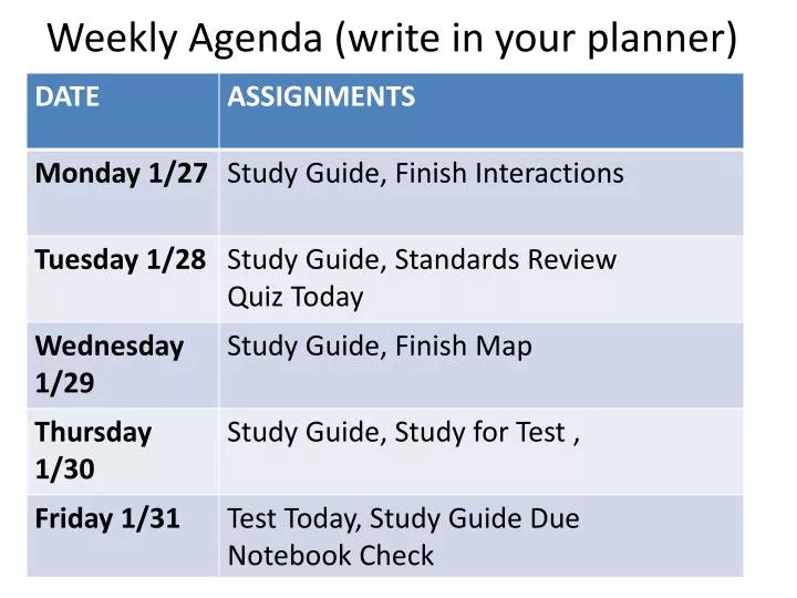weekly agenda write in your planner